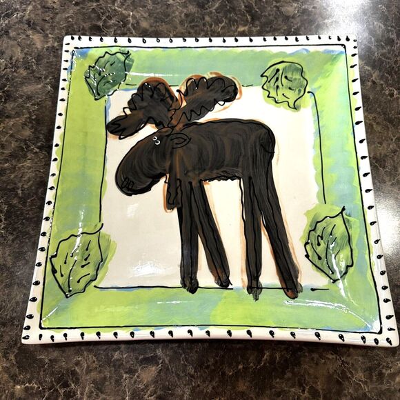 Artables Canada Dinner Plate Hand-Painted Square Ceramic Whimsical Moose - Picture 1 of 7
